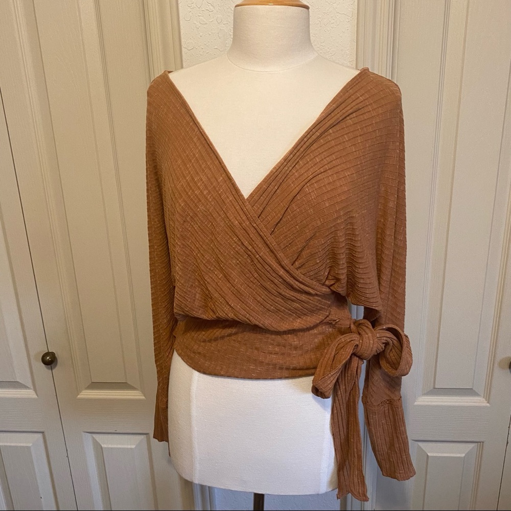 Camel Nude V Neck Tie Front Blouse